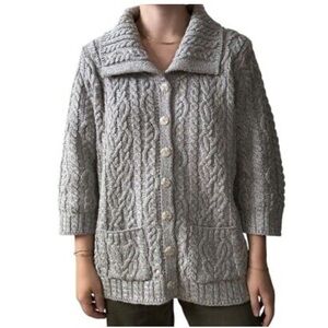 Aran Crafts Women's Gray Irish Wool Button Front Fishermans Cardigan Large